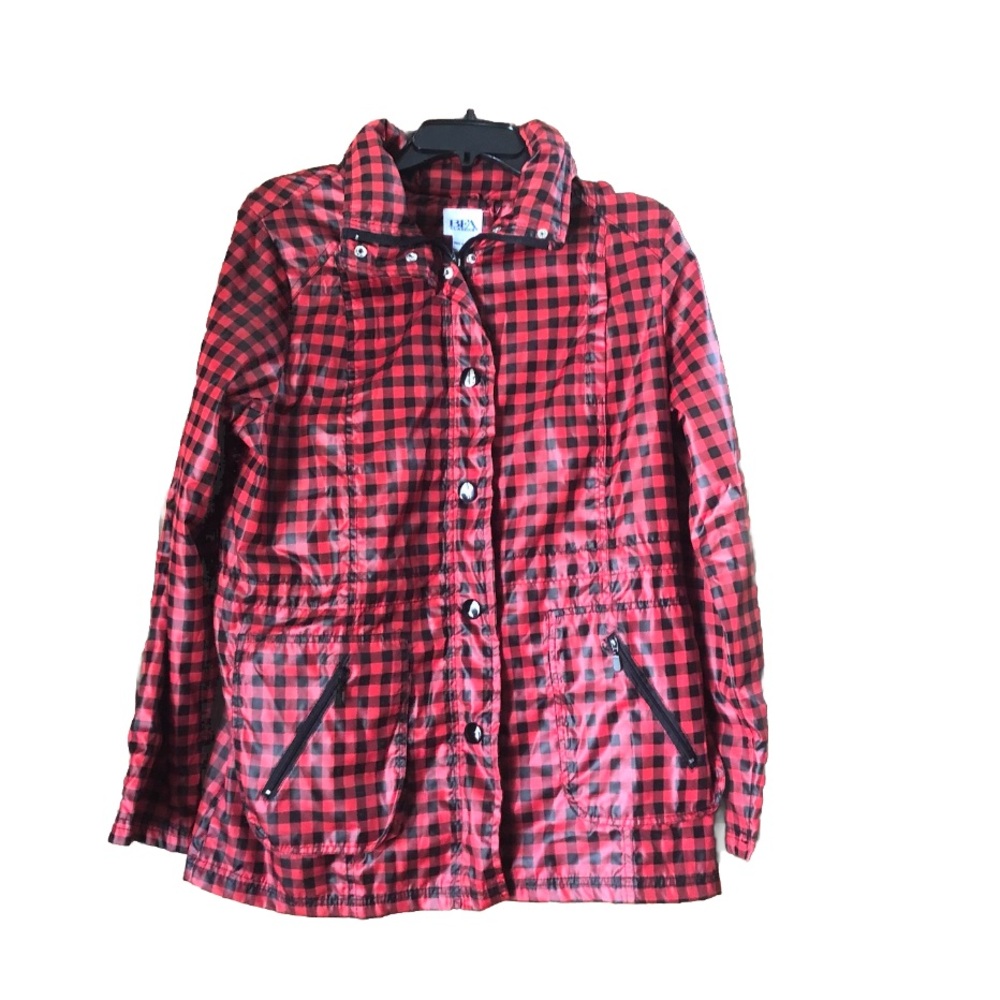 BFA Classics Women’s Red Plaid Full Zip Snap Outdoor Jacket Hideaway Hood - M